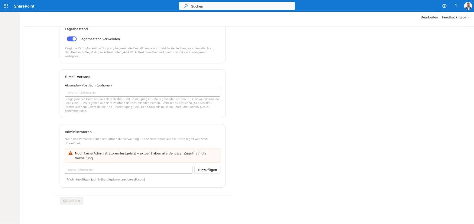 Einstellungen: E-Mail-Versand und Administratoren