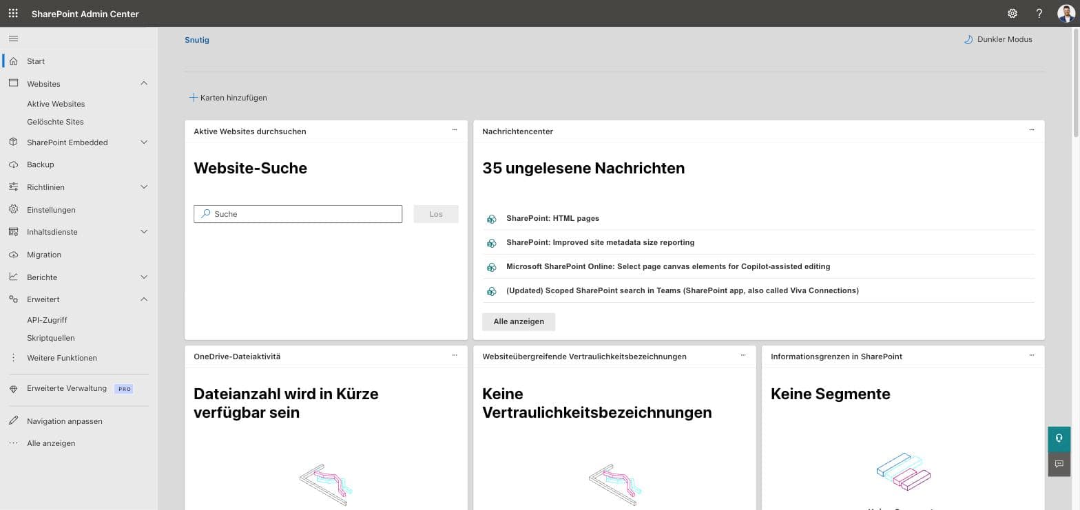 Startseite des SharePoint Admin Centers