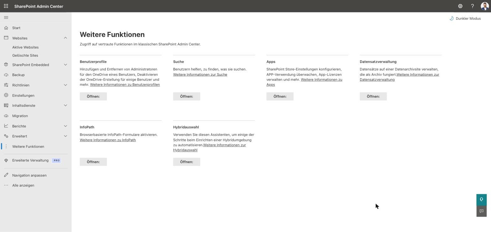 Weitere Funktionen im SharePoint Admin Center